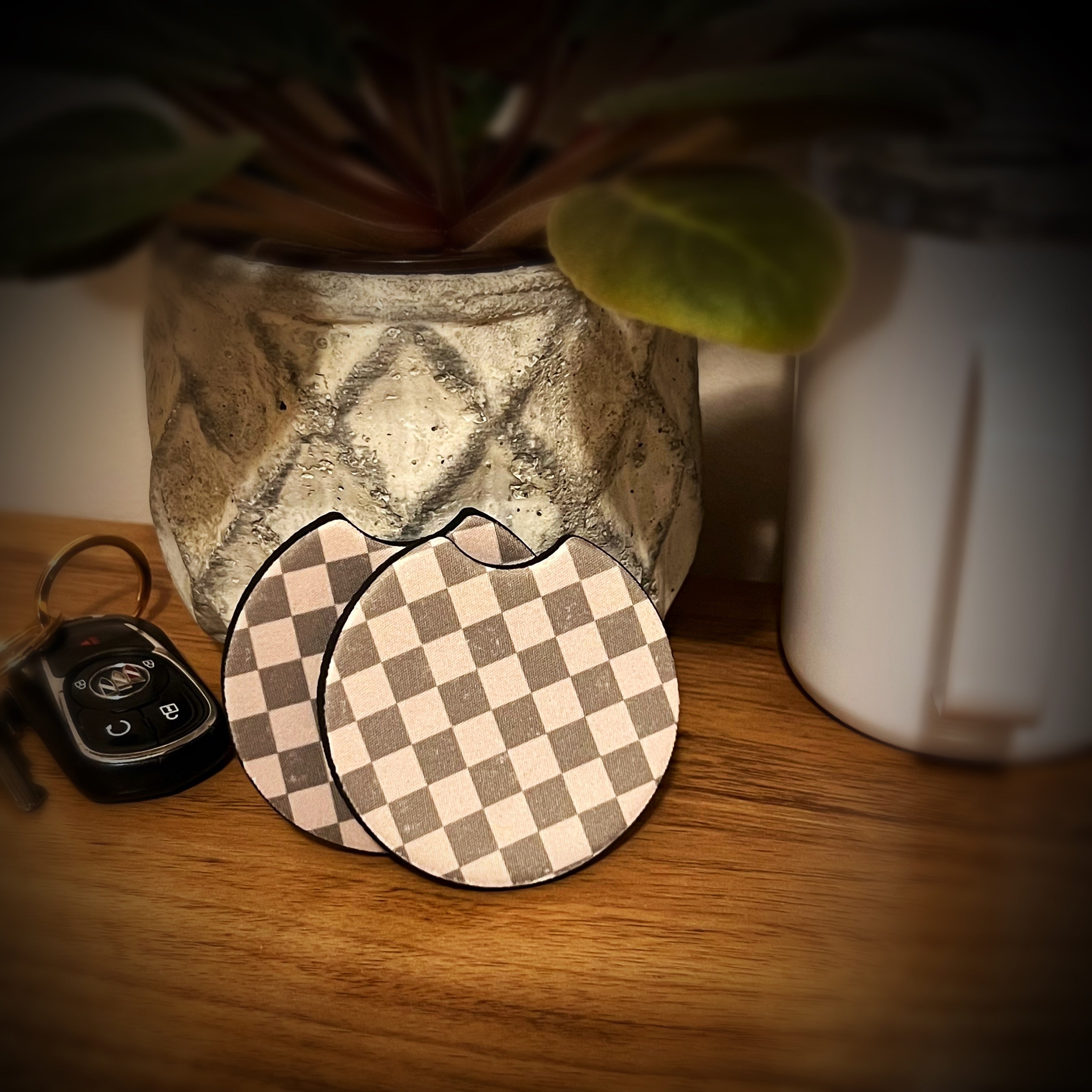 grey checkered coasters
